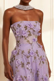 Purple Strapless Appliqued A-Line Long Prom Dress Com Flores 3D