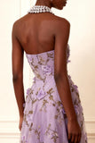 Purple Strapless Appliqued A-Line Long Prom Dress Com Flores 3D