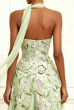 Dusty Sage Strapless A-Line bordado longo vestido de baile com fenda