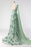 Eucalipto Um Ombro Lantejoulas 3D Flores 3D Vestido de Baile Longo com Fenda