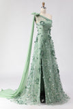 Eucalipto Um Ombro Lantejoulas 3D Flores 3D Vestido de Baile Longo com Fenda