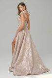 Vestido de Baile Comprido Floral Rosa em Linha-A com Folhos