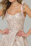 Vestido de Baile Comprido Floral Rosa em Linha-A com Folhos