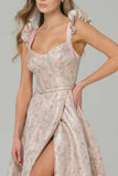 Vestido de Baile Comprido Floral Rosa em Linha-A com Folhos