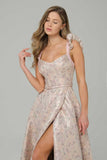 Vestido de Baile Comprido Floral Rosa em Linha-A com Folhos