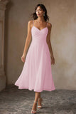 Vestido de Noiva Midi em Chiffon com Alças Finas Brancas