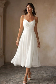 Vestido de Noiva Midi em Chiffon com Alças Finas Brancas