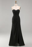 Vestido formal comprido de chiffon preto, roupa sem alças, com abertura