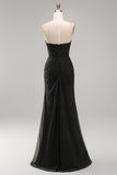 Vestido formal comprido de chiffon preto, roupa sem alças, com abertura