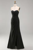 Vestido formal comprido de chiffon preto, roupa sem alças, com abertura