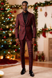 Vermelho Preto Xadrez Notched Lapela 2 Peças Homens Prom Suits