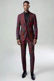Vermelho Preto Xadrez Notched Lapela 2 Peças Homens Prom Suits