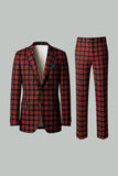 Vermelho Preto Xadrez Notched Lapela 2 Peças Homens Prom Suits