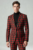 Vermelho Preto Xadrez Notched Lapela 2 Peças Homens Prom Suits