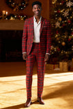 Vermelho Preto Xadrez Notched Lapela 2 Peças Homens Prom Suits