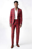 Vermelho Preto Xadrez Notched Lapela 2 Peças Homens Prom Suits
