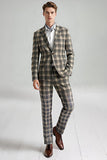 Castanho Cinzento 2 Peças Notched Lapel Grid Fatos de Baile de Formatura Masculino com Bolsos
