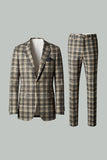 Castanho Cinzento 2 Peças Notched Lapel Grid Fatos de Baile de Formatura Masculino com Bolsos