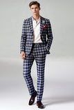 Castanho Cinzento 2 Peças Notched Lapel Grid Fatos de Baile de Formatura Masculino com Bolsos