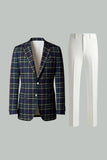 Blue Green Grid Notched Lapela 2 Peças Homens Prom Suits