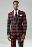 Preto Vermelho Grid Pico Lapela Peito Duplo 2 Peças Homens Prom Suits