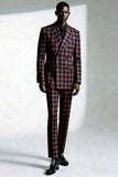 Preto Vermelho Grid Pico Lapela Peito Duplo 2 Peças Homens Prom Suits