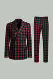 Preto Vermelho Grid Pico Lapela Peito Duplo 2 Peças Homens Prom Suits
