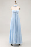 Strapless Sky Blue Uma linha plissado vestido de dama de honra com lenço Halter