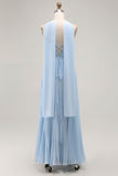 Strapless Sky Blue Uma linha plissado vestido de dama de honra com lenço Halter