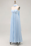 Strapless Sky Blue Uma linha plissado vestido de dama de honra com lenço Halter