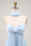 Strapless Sky Blue Uma linha plissado vestido de dama de honra com lenço Halter
