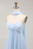 Strapless Sky Blue Uma linha plissado vestido de dama de honra com lenço Halter