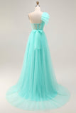 Mint Green A Line One Shoulder Corset Long Prom Dress With Slit