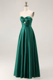 Strapless Uma linha verde escuro cetim recorte vestido de noiva convidado