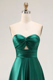 Strapless Uma linha verde escuro cetim recorte vestido de noiva convidado