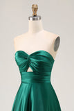 Strapless Uma linha verde escuro cetim recorte vestido de noiva convidado