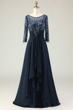 Marinha Appliqued A Line Long Mother of the Bride Dress with Sleeves