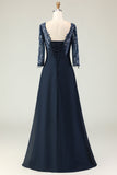 Marinha Appliqued A Line Long Mother of the Bride Dress with Sleeves