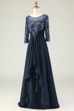 Marinha Appliqued A Line Long Mother of the Bride Dress with Sleeves