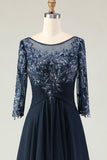 Marinha Appliqued A Line Long Mother of the Bride Dress with Sleeves