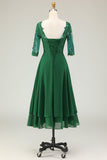 Verde Uma Linha Appliqued Midi Vestido Mãe da Noiva com Mangas
