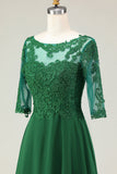 Verde Uma Linha Appliqued Midi Vestido Mãe da Noiva com Mangas