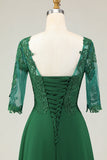 Verde Uma Linha Appliqued Midi Vestido Mãe da Noiva com Mangas
