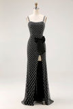 Vestido de baile de finalistas com alças finas com missangas de sereia preta, laço lateral com strass, vestido de finalista comprido com fenda