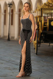 Vestido de baile de finalistas com alças finas com missangas de sereia preta, laço lateral com strass, vestido de finalista comprido com fenda