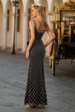 Vestido de baile de finalistas com alças finas com missangas de sereia preta, laço lateral com strass, vestido de finalista comprido com fenda