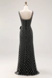 Preto frisado Sereia Esparguete Correias Rhinestone Lado Arco Longo Vestido de Baile com Fenda