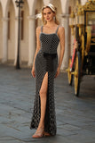 Vestido de baile de finalistas com alças finas com missangas de sereia preta, laço lateral com strass, vestido de finalista comprido com fenda