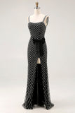 Preto frisado Sereia Esparguete Correias Rhinestone Lado Arco Longo Vestido de Baile com Fenda