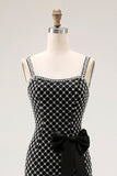 Preto frisado Sereia Esparguete Correias Rhinestone Lado Arco Longo Vestido de Baile com Fenda